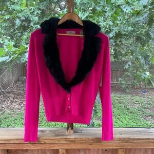 i.e. Women's Vintage Y2K Bright Pink Faux Fur Trim Cardigan Sweater Size S. NEW!
